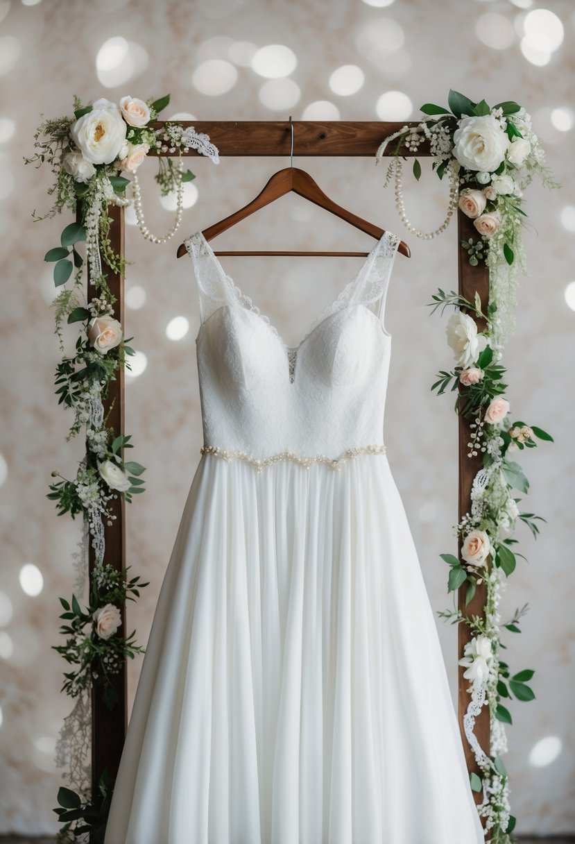 A white gown hanging from a vintage wooden hanger, surrounded by delicate lace, pearls, and floral accents