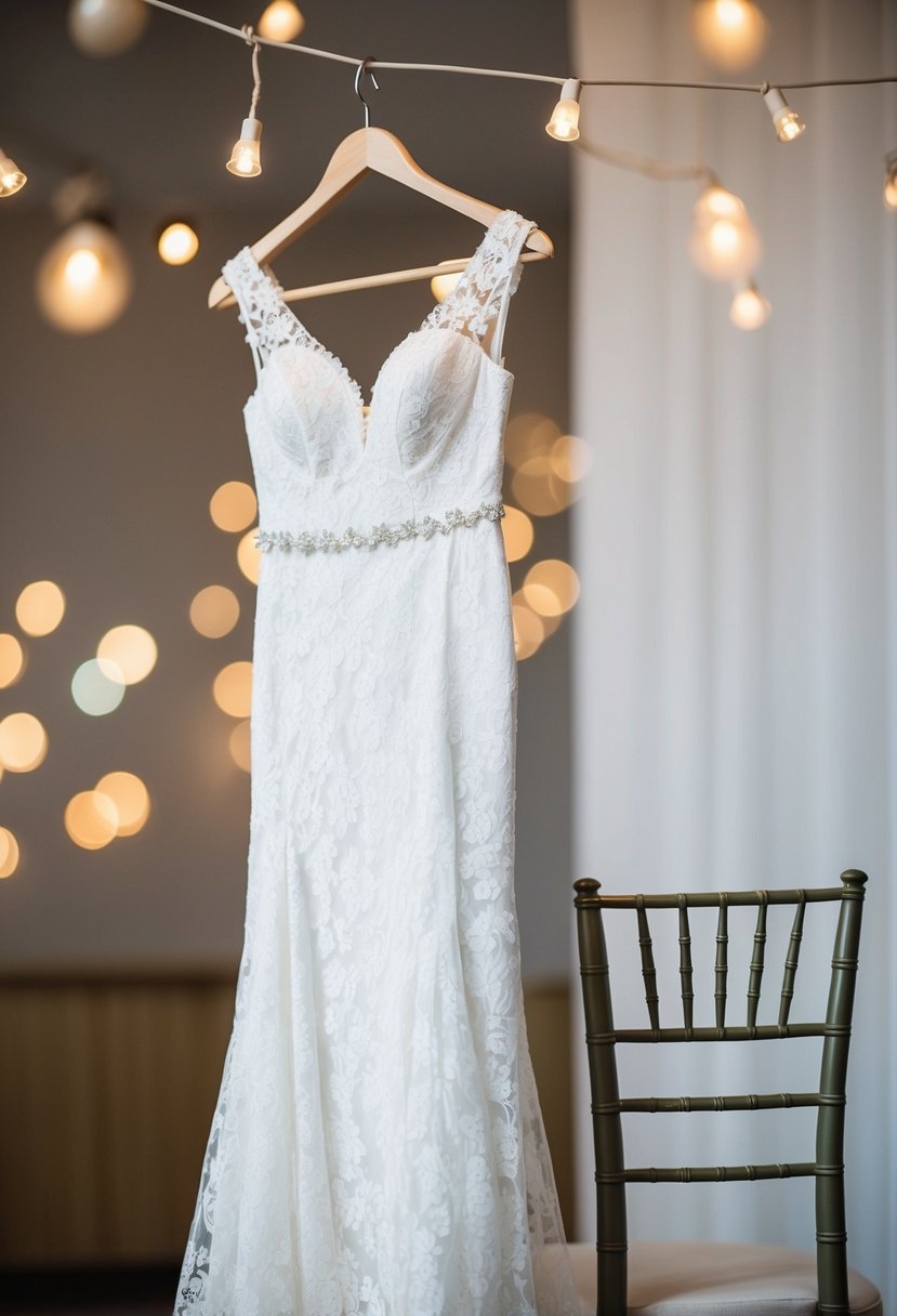 A lacy white reception dress hangs on a hanger, draped over a chair. Soft lighting highlights the delicate details