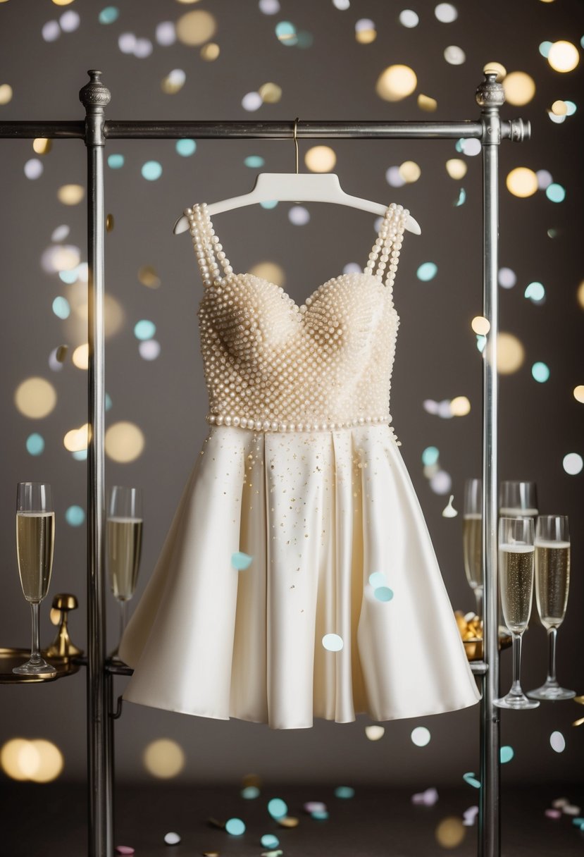 A pearl-embellished mini dress hangs on a vintage coat rack, surrounded by champagne flutes and scattered confetti