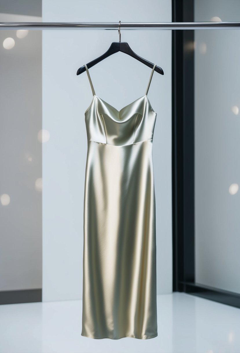 A satin slip dress hangs on a sleek modern hanger against a clean, minimalist backdrop