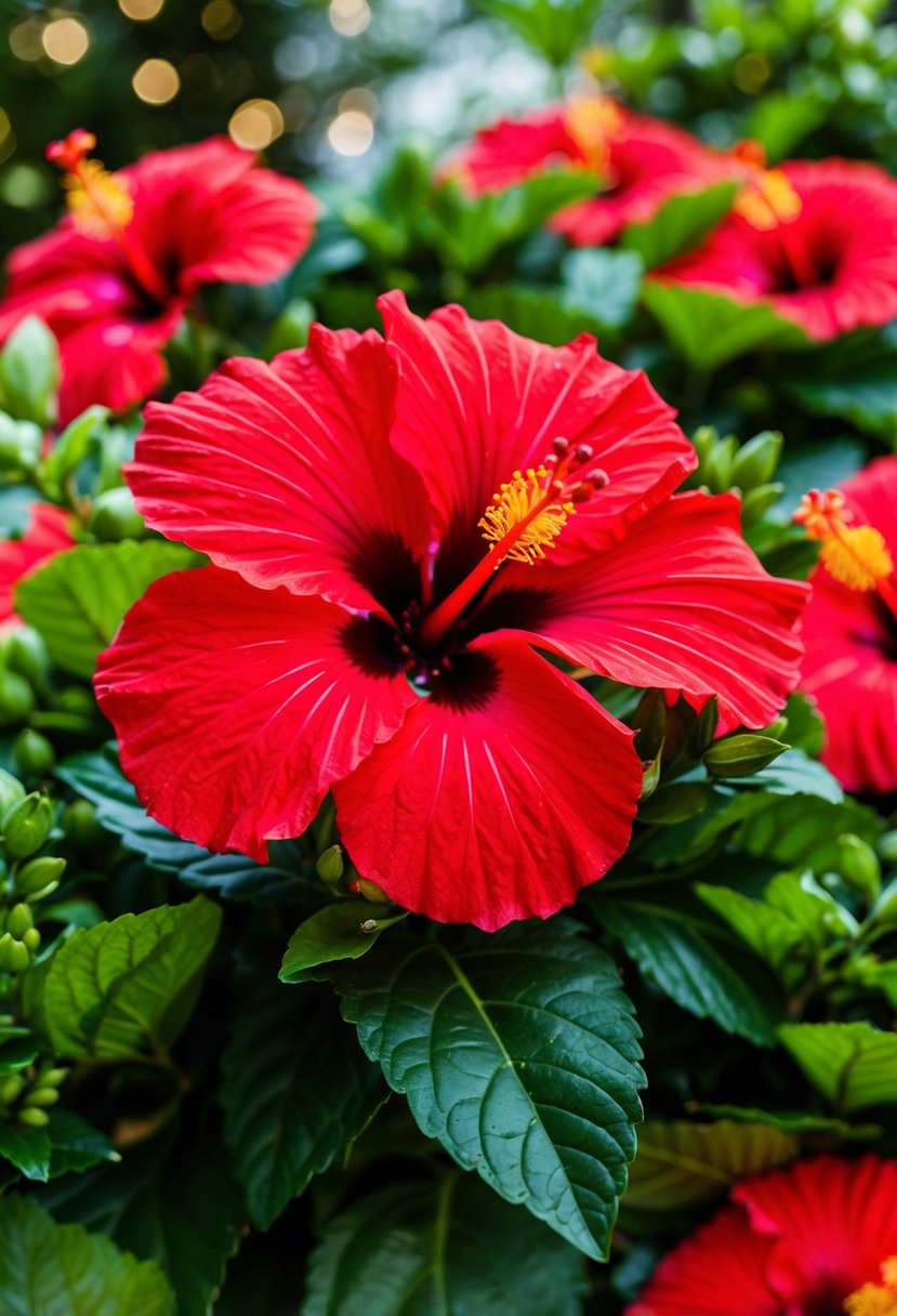 A vibrant red hibiscus bouquet surrounded by lush greenery