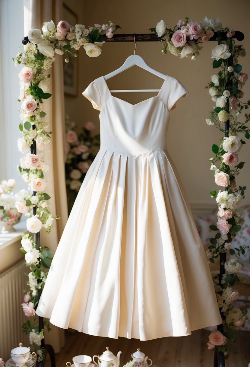 An ivory A-line tea dress hangs on a vintage coat rack in a sunlit room, surrounded by delicate floral arrangements and vintage teacups