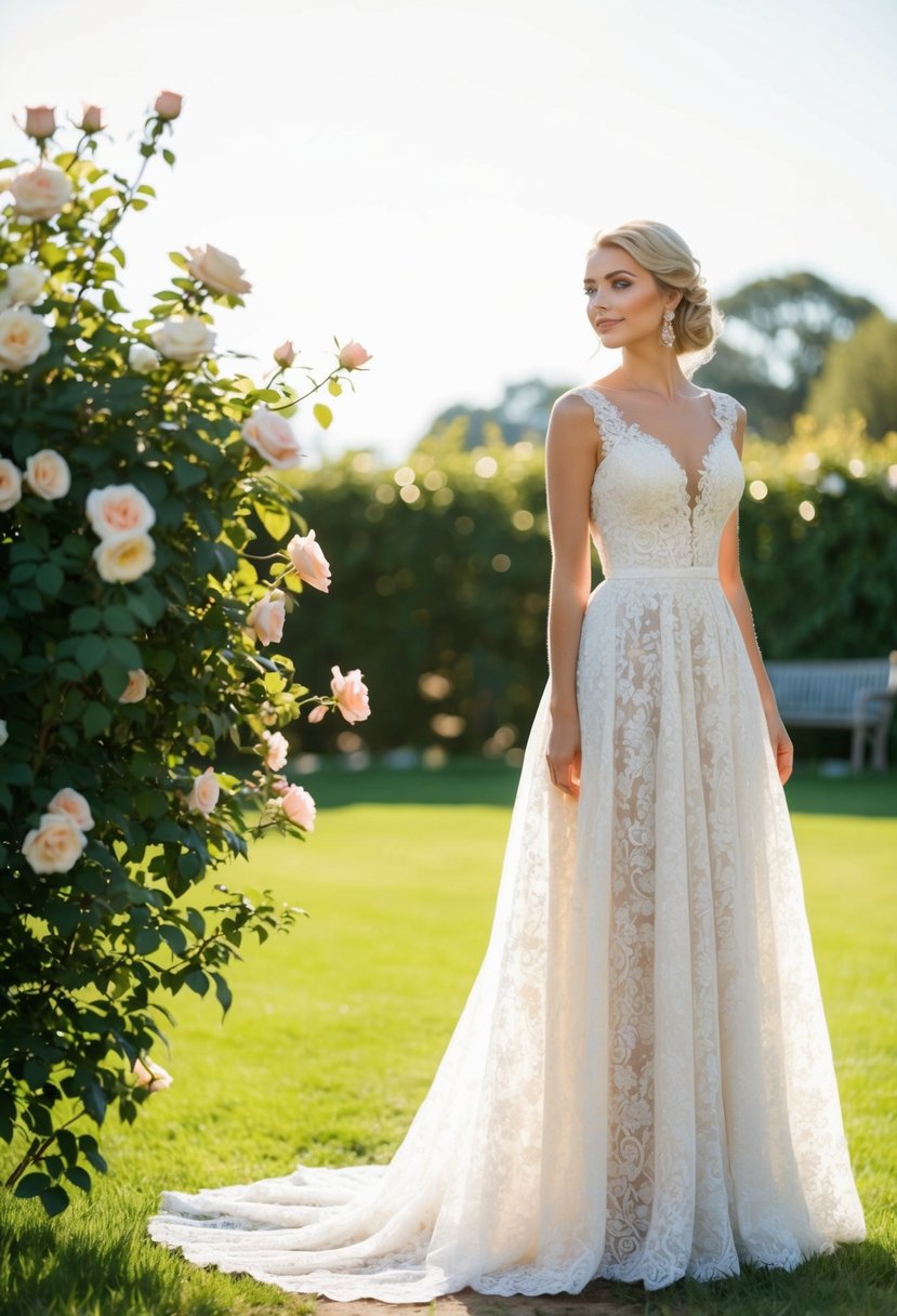 A bride stands in a sunlit garden, wearing a flowing A-line lace gown. She gazes at a blooming rose bush, exuding timeless grace and elegance