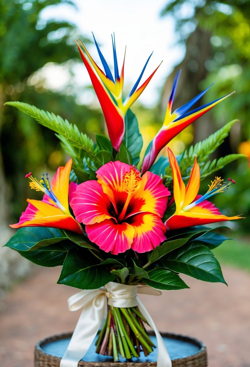 A vibrant hibiscus and Birds of Paradise bouquet, with lush greenery, tied with a silk ribbon