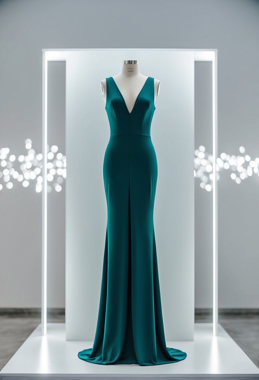 A sleek, floor-length crepe column dress drapes over a minimalist display, set against a clean, modern backdrop