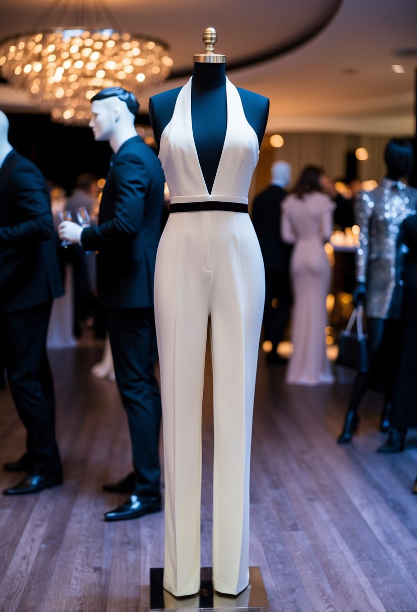 A chic modern jumpsuit displayed on a mannequin at a trendy after-party, with sleek lines and elegant details