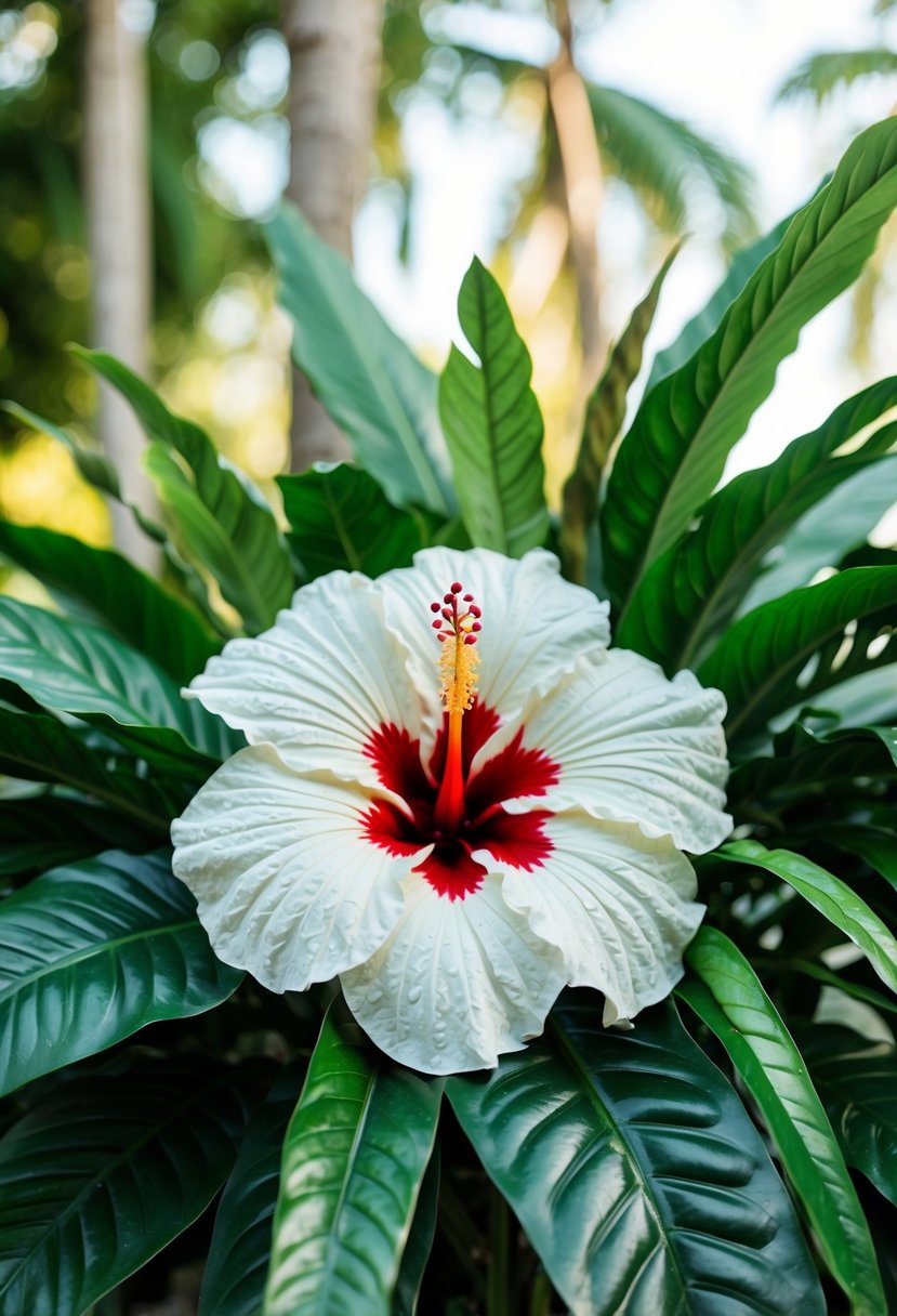 A white silk hibiscus bouquet surrounded by lush tropical greenery