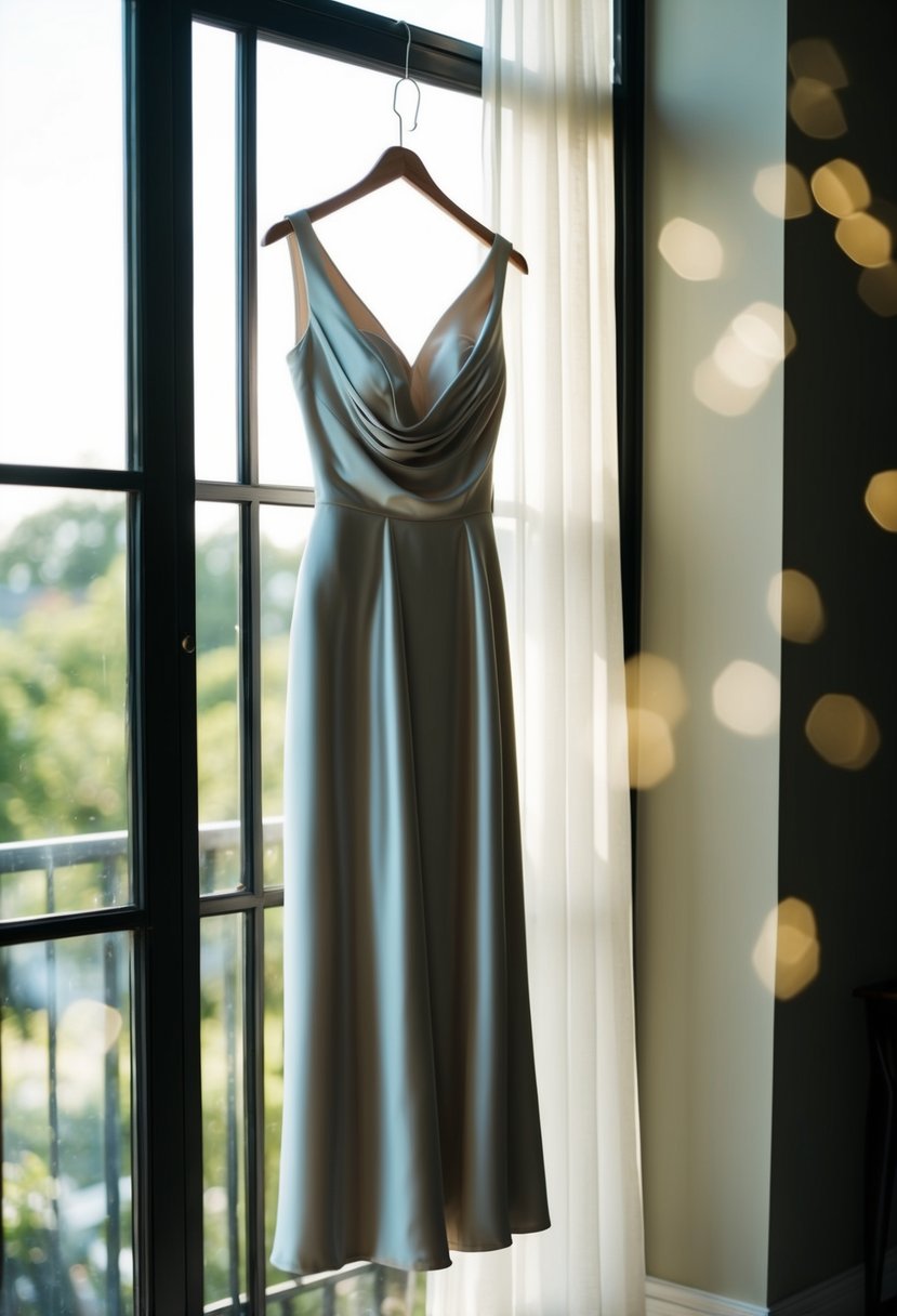 A flowing silk sheath dress hangs on a hanger, bathed in soft, natural light from a nearby window