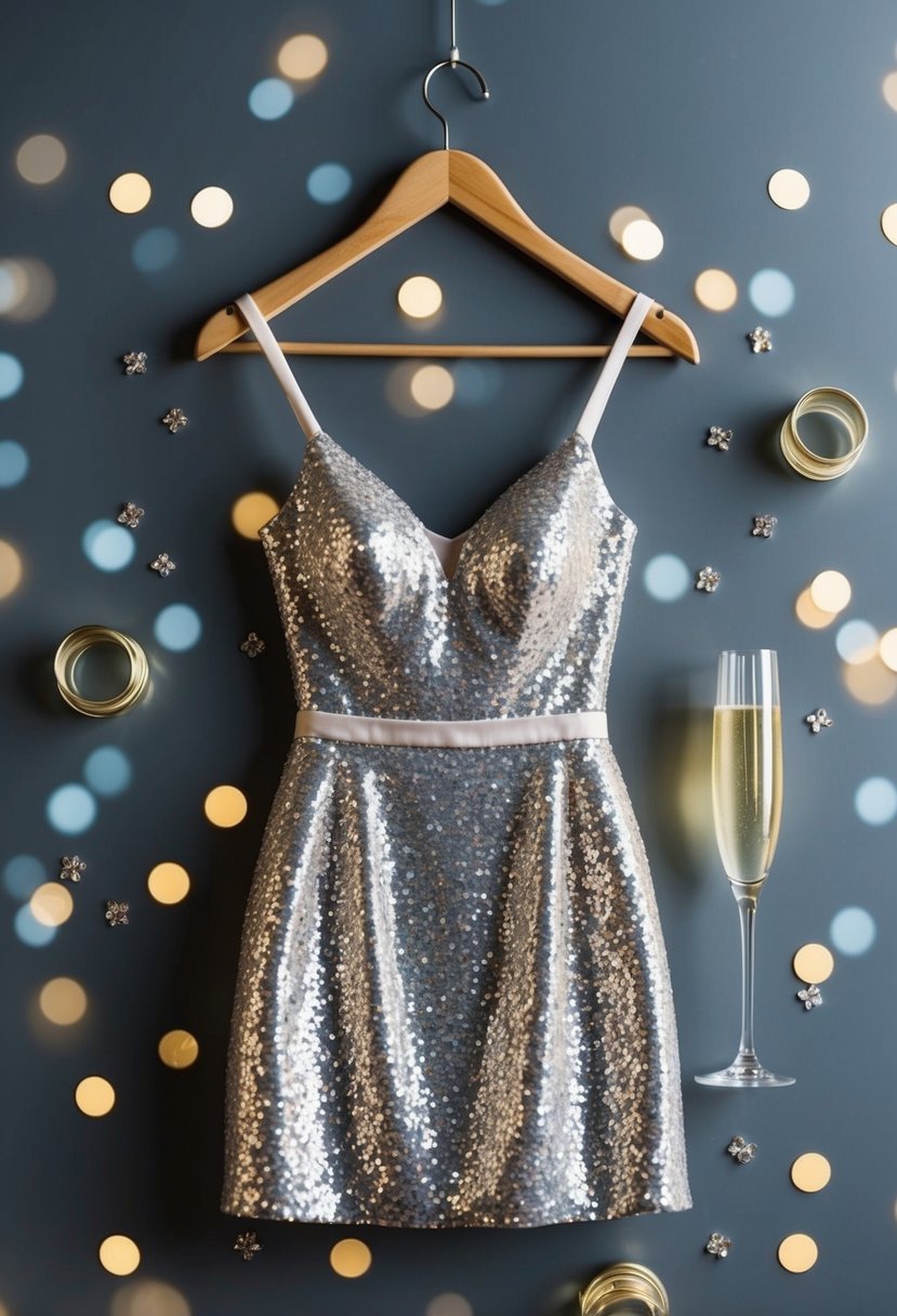 A sparkly short dress hangs on a hanger, surrounded by scattered sequins and a champagne flute