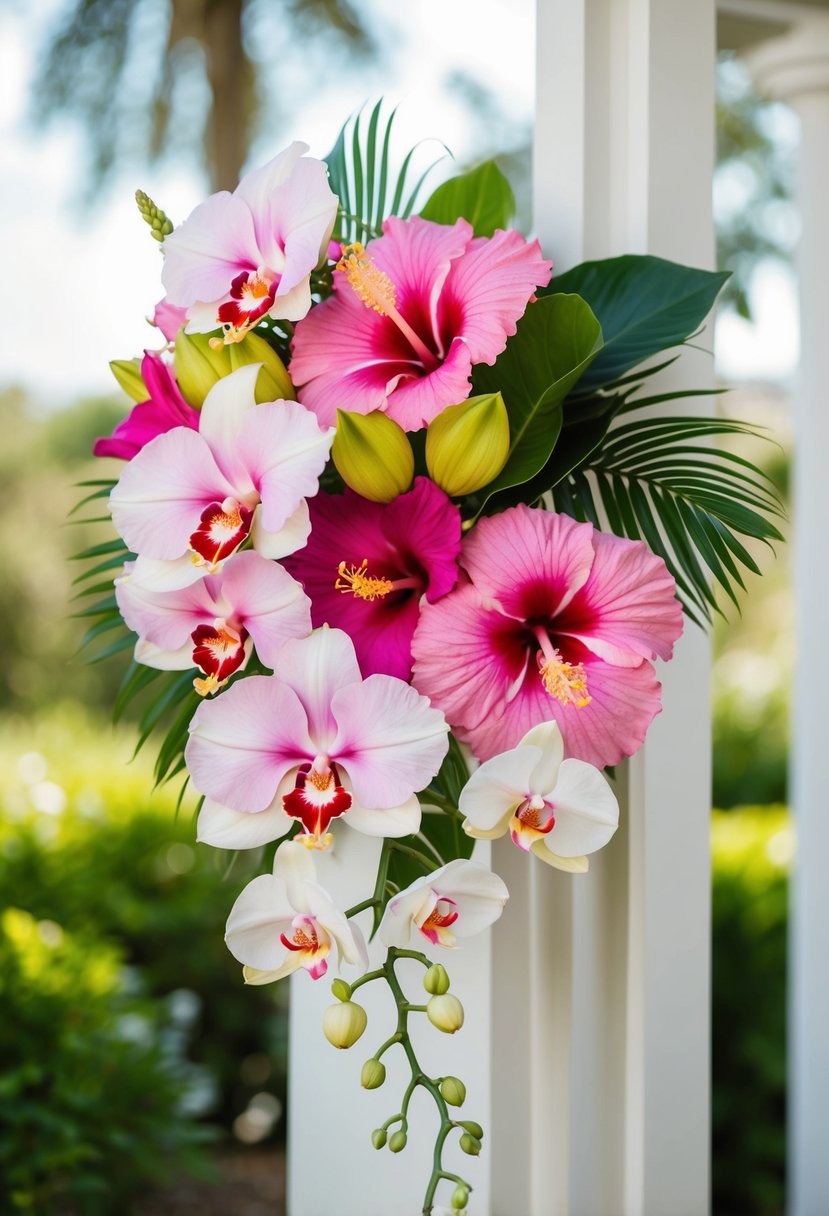 An elegant hibiscus and orchid wedding bouquet, with vibrant colors and delicate petals arranged in a beautiful, cascading design