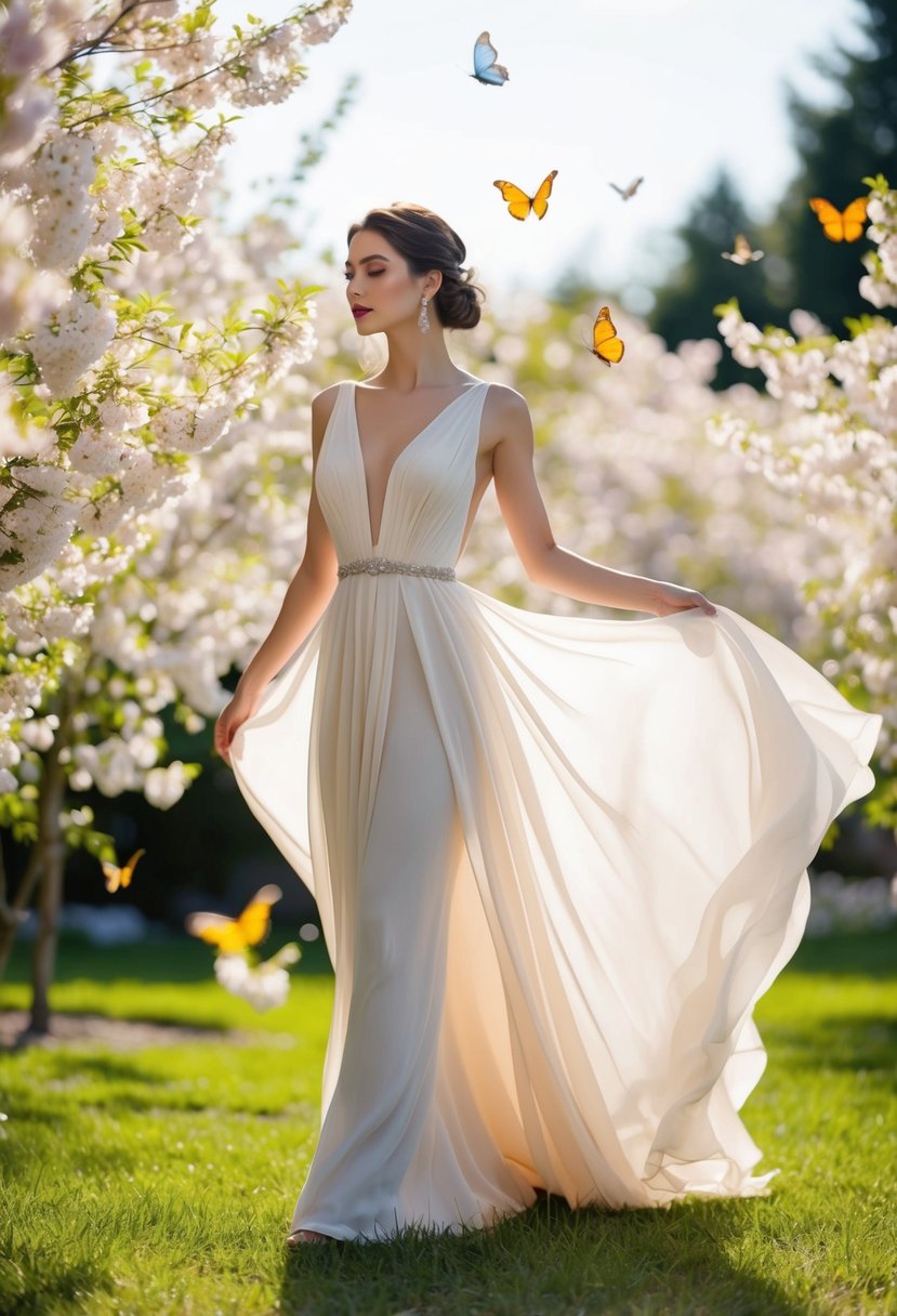 A flowing v-neck chiffon gown billows gently in a sunlit garden, surrounded by delicate blossoms and fluttering butterflies