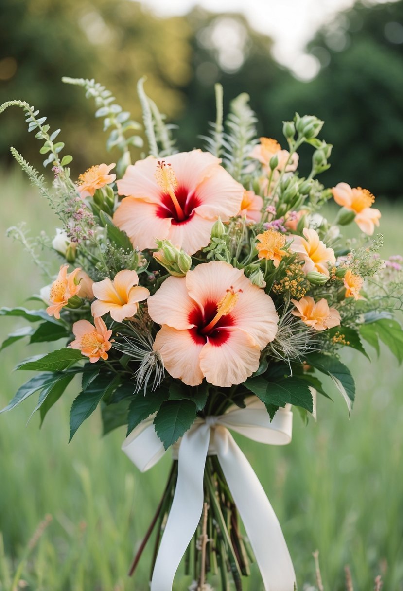 A lush bouquet of peach hibiscus and wildflowers, with delicate greenery, tied with a flowing ribbon