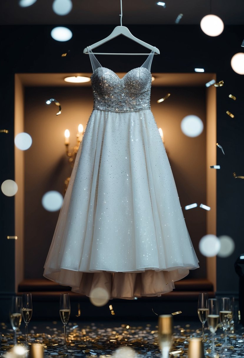 A sparkling Romy Dress hangs in a dimly lit room, surrounded by scattered confetti and empty champagne glasses