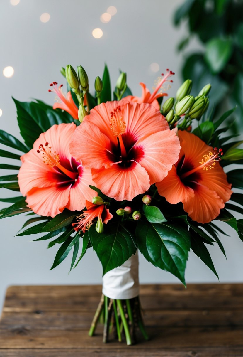 A vibrant hibiscus wedding bouquet in coral hues, with lush green foliage and delicate buds, arranged in a modern, asymmetrical style