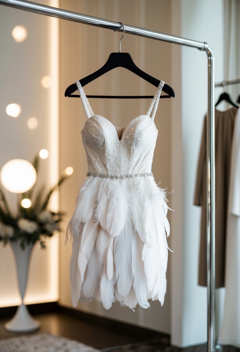 A bridal feather mini dress hanging on a sleek modern clothing rack, surrounded by soft lighting and elegant decor