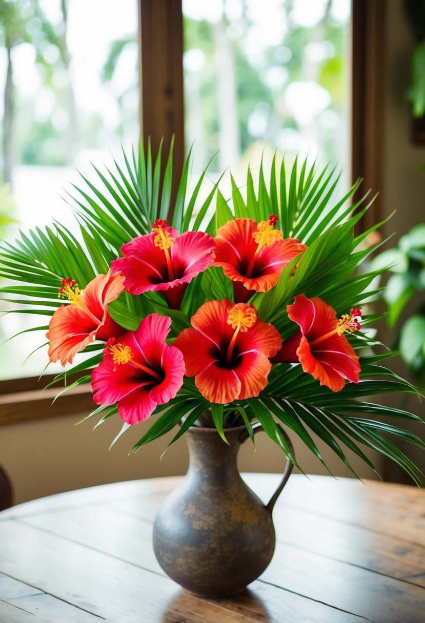 A vibrant hibiscus and palm leaf bouquet arranged in a rustic vase on a wooden table