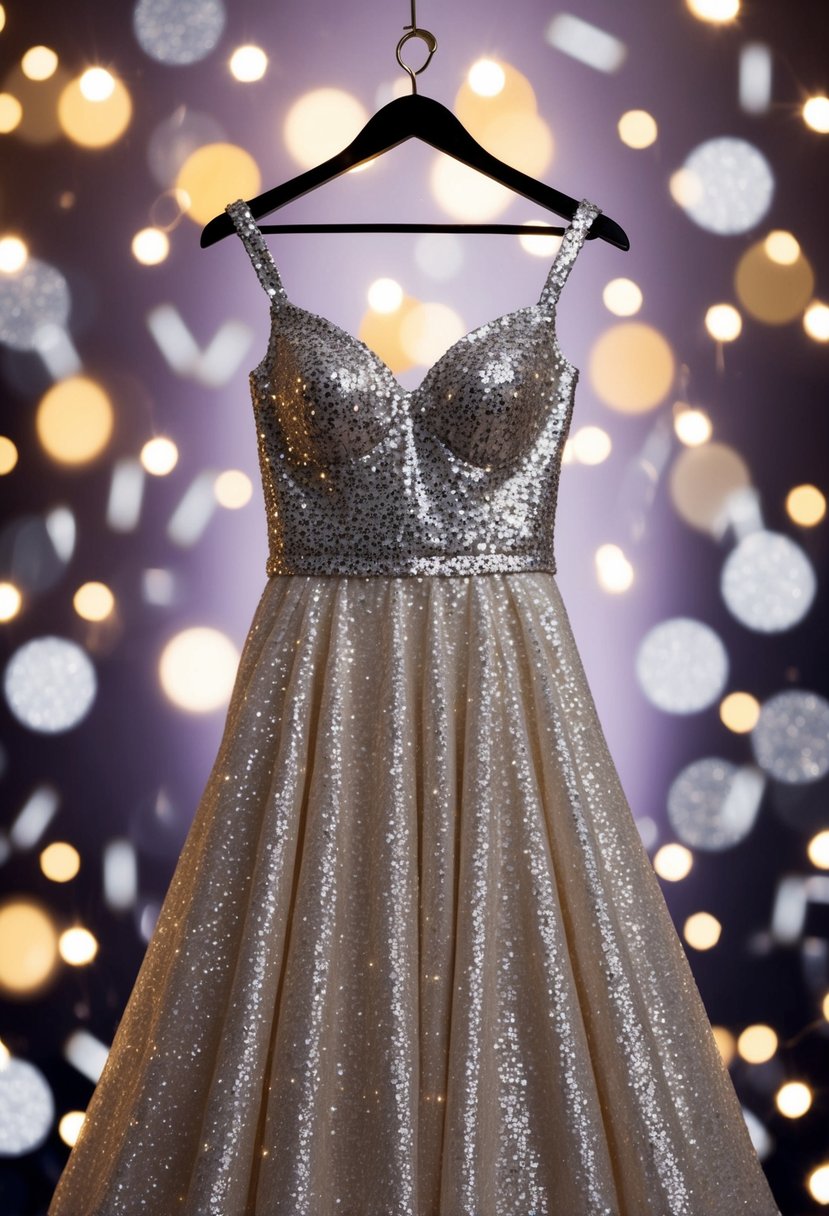 A sparkly after-party dress hangs on a hanger, surrounded by twinkling fairy lights and glittering confetti