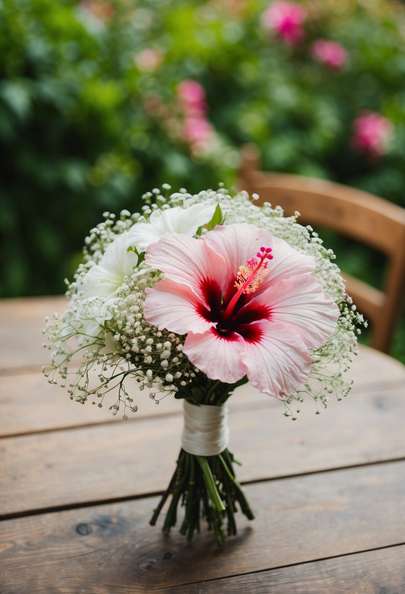 A delicate pink hibiscus and baby's breath wedding bouquet rests on a rustic wooden table