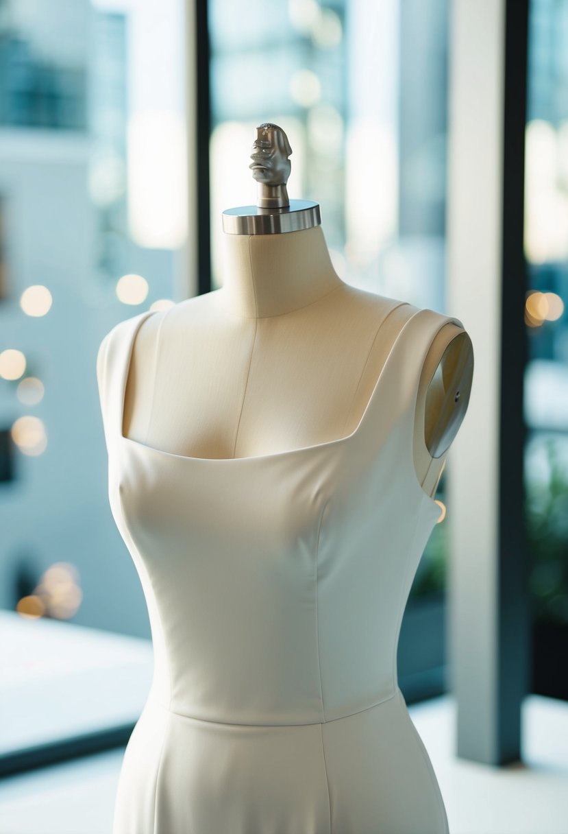 A sleek, square-neck wedding dress displayed on a minimalist, modern mannequin