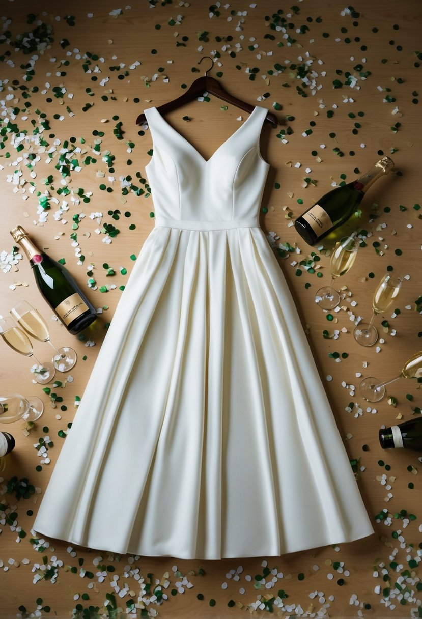 A classic mid-length dress hangs on a hanger, surrounded by scattered confetti and empty champagne glasses on a table