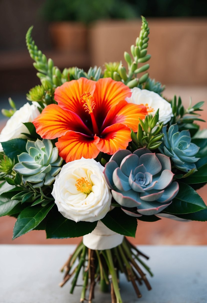 A modern wedding bouquet featuring vibrant hibiscus and elegant succulents arranged in a stylish and contemporary design