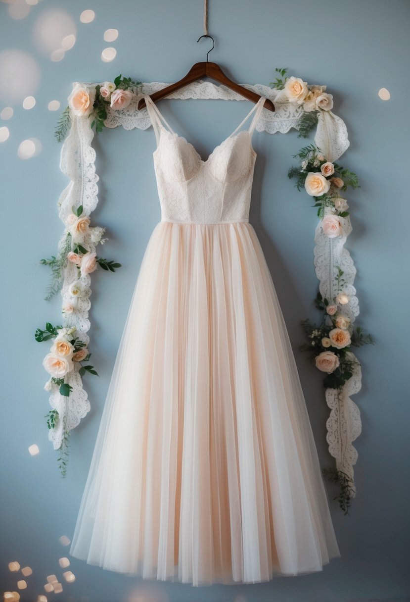 A soft, flowing tulle A-line dress hangs from a vintage wooden hanger, surrounded by delicate lace and floral accents