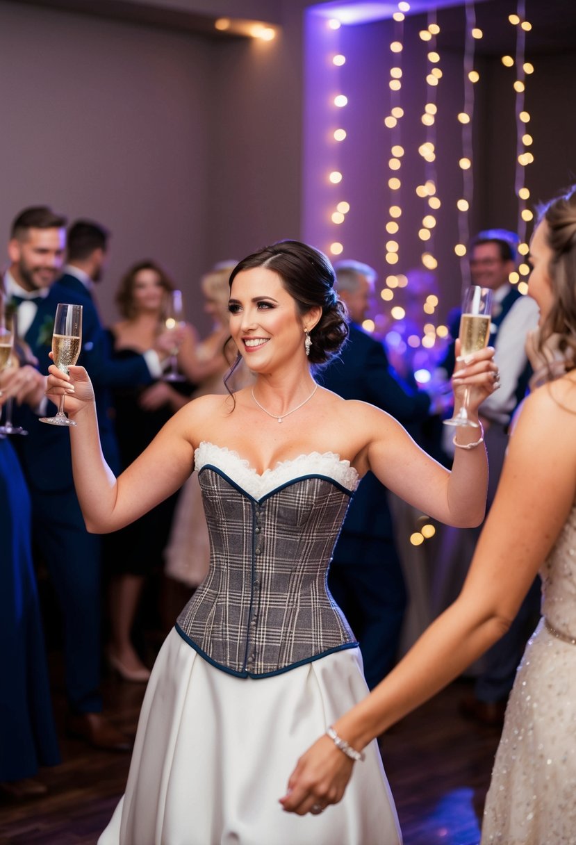 A bride in a tweed corset wedding dress dances at her after-party, surrounded by twinkling lights and champagne flutes