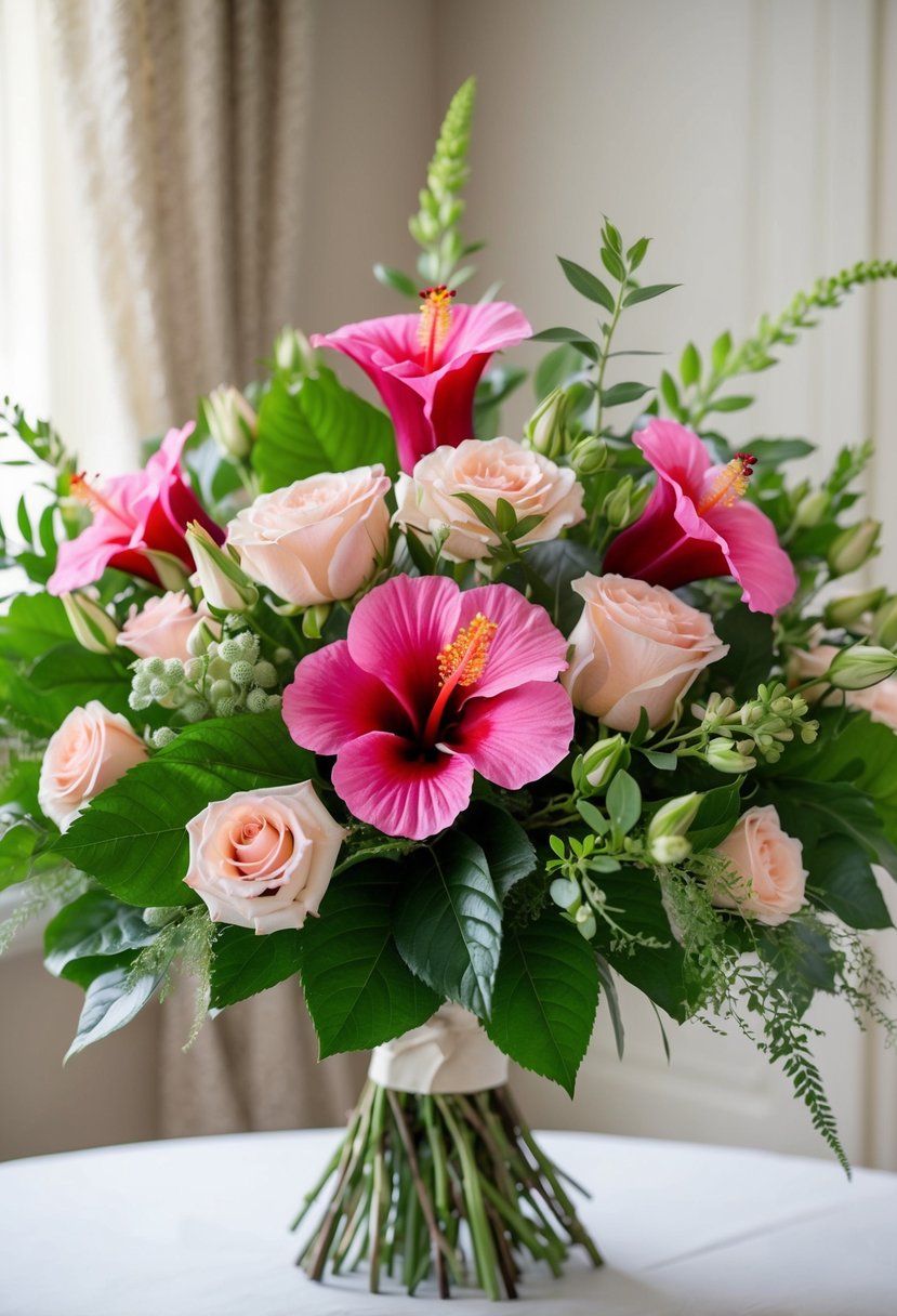 A lush bouquet of hibiscus and rose blooms, intertwined with delicate greenery, arranged in a classic, elegant style