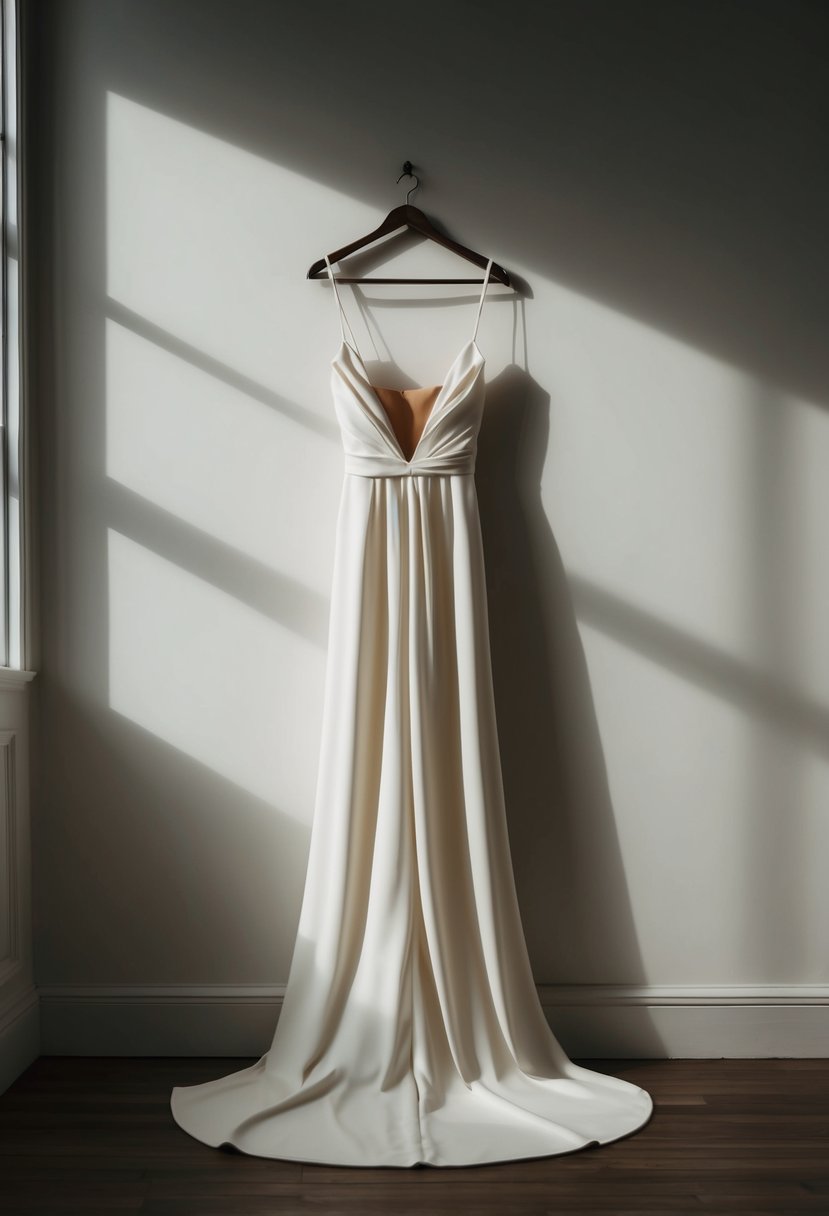 A lone backless crepe gown hanging in a softly lit room, casting a dramatic silhouette