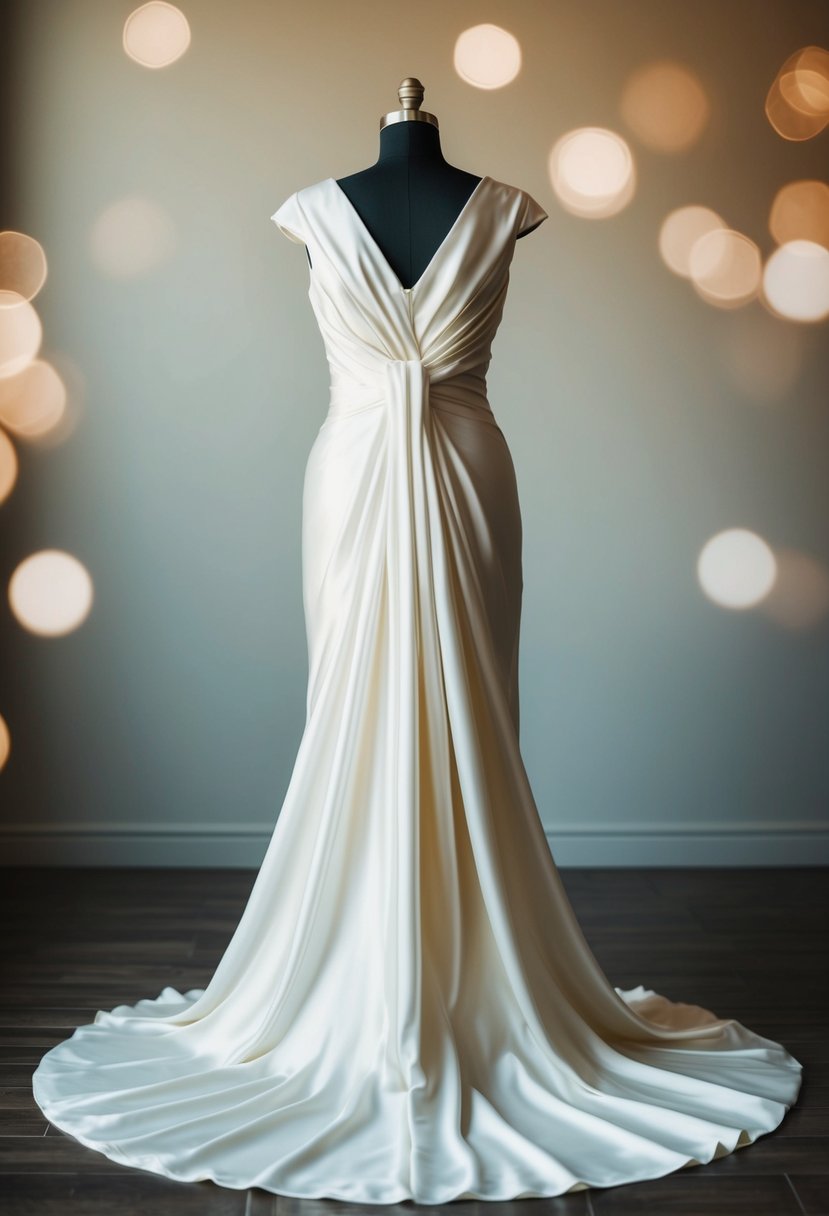 A flowing silk wedding dress with cap sleeves, draped in graceful simplicity