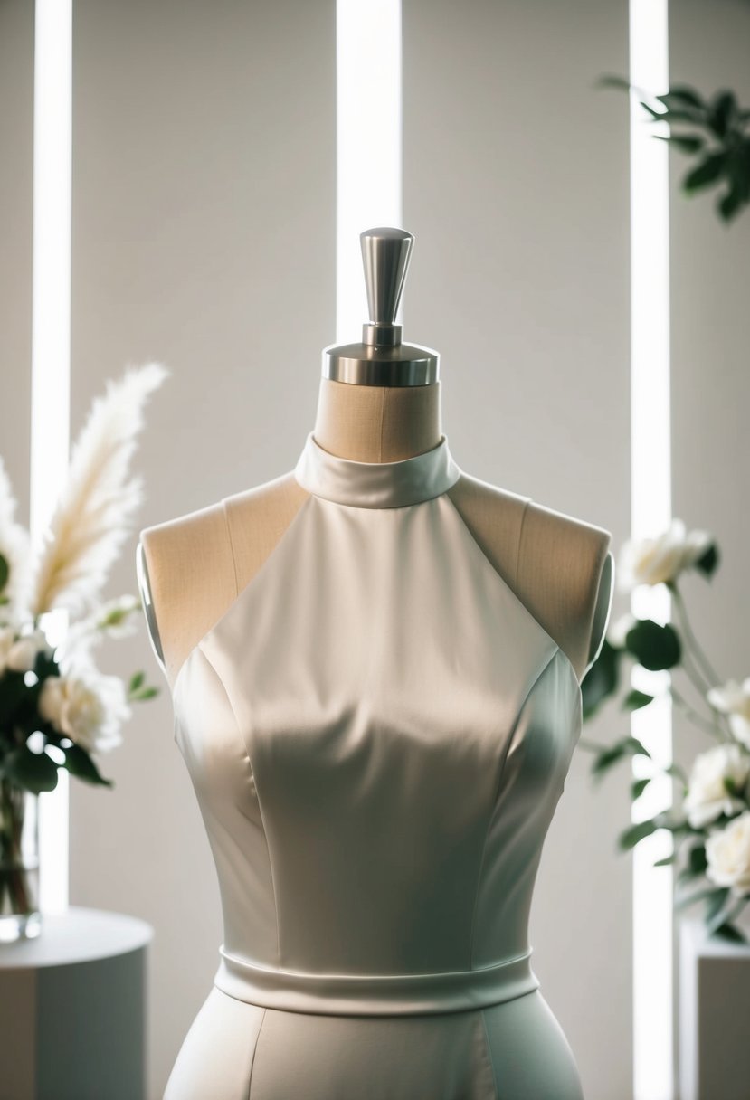 A high-neck satin wedding dress on a sleek mannequin, surrounded by soft lighting and minimalistic decor