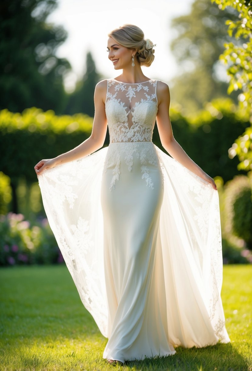 A bride stands in a sunlit garden, wearing a flowing illusion lace dress. The delicate details of the dress catch the light, creating an elegant and romantic scene