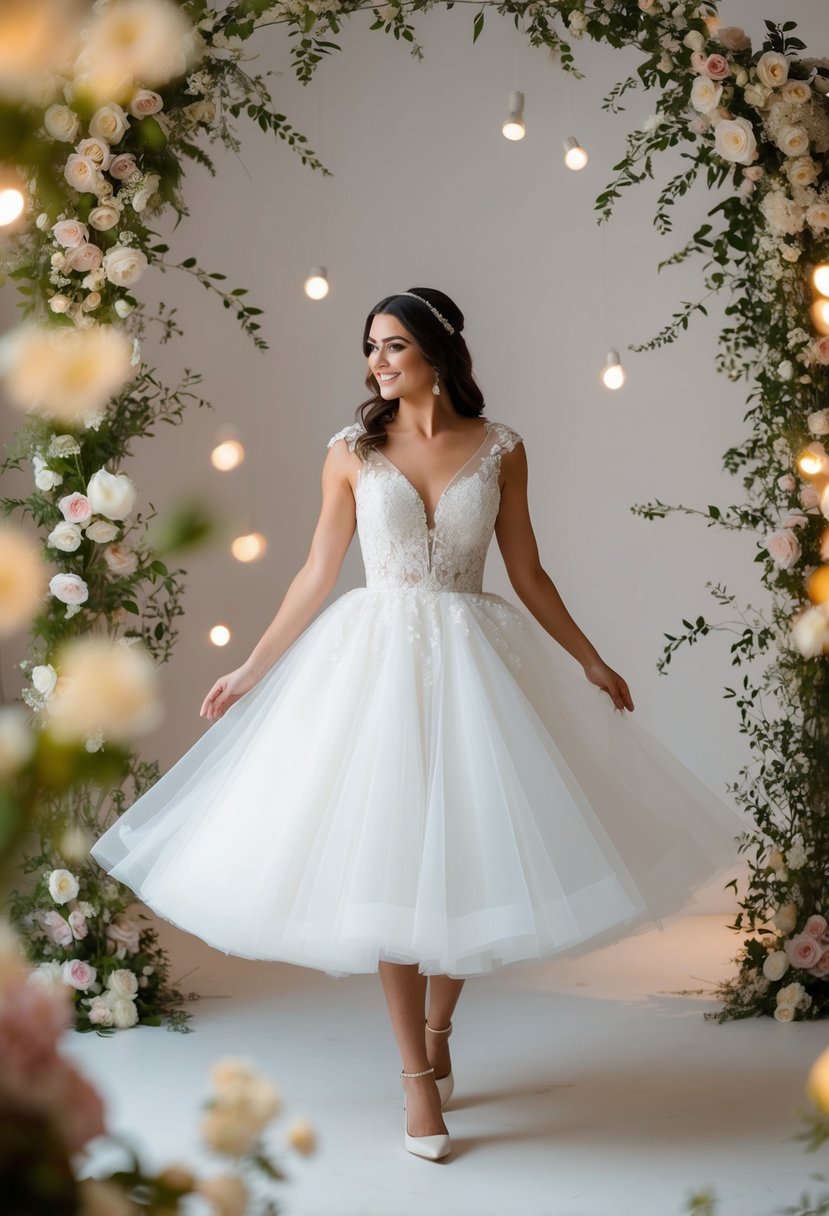 A bride twirls in a tea length tulle dress, surrounded by delicate flowers and soft lighting