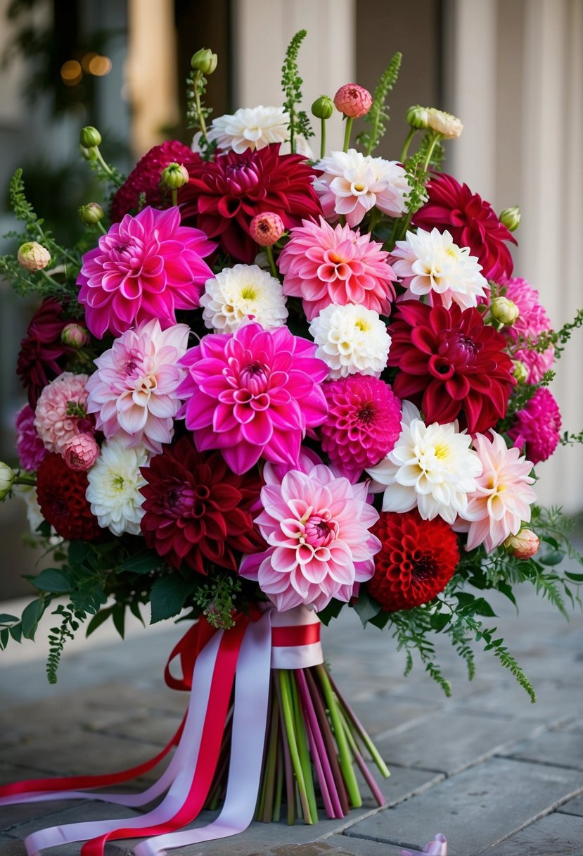 A vibrant bouquet of dahlia flowers in various shades of pink, red, and white, arranged in a cascading fashion with greenery and ribbon accents