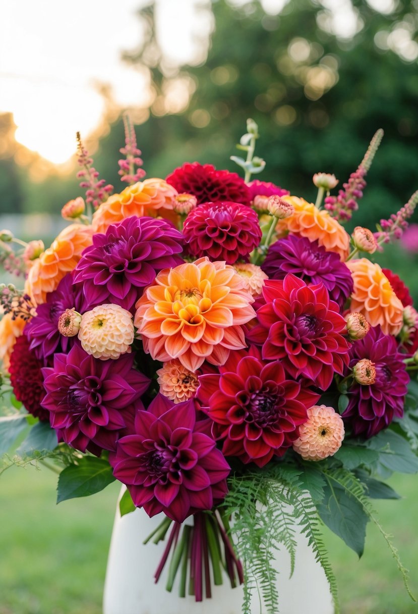 A vibrant dahlia bouquet in shades of crimson and sunset orange, accented with lush greenery and delicate filler flowers