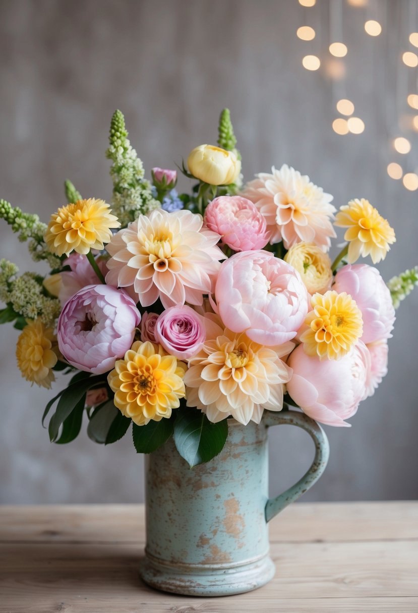 A pastel dream bouquet of dahlias, peonies, and roses arranged in a rustic, vintage-inspired vase