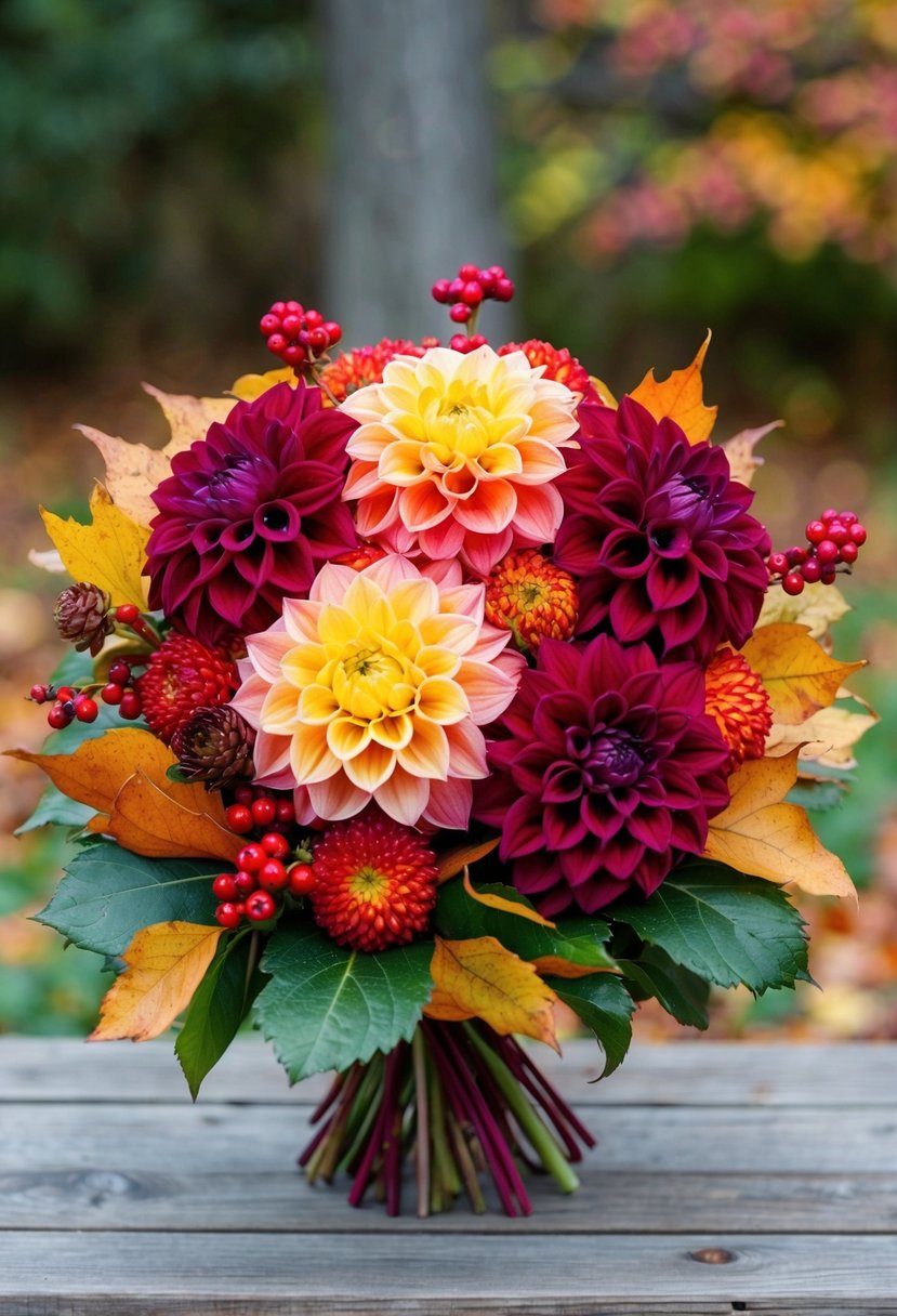 A richly colored dahlia bouquet arranged with autumn leaves and berries