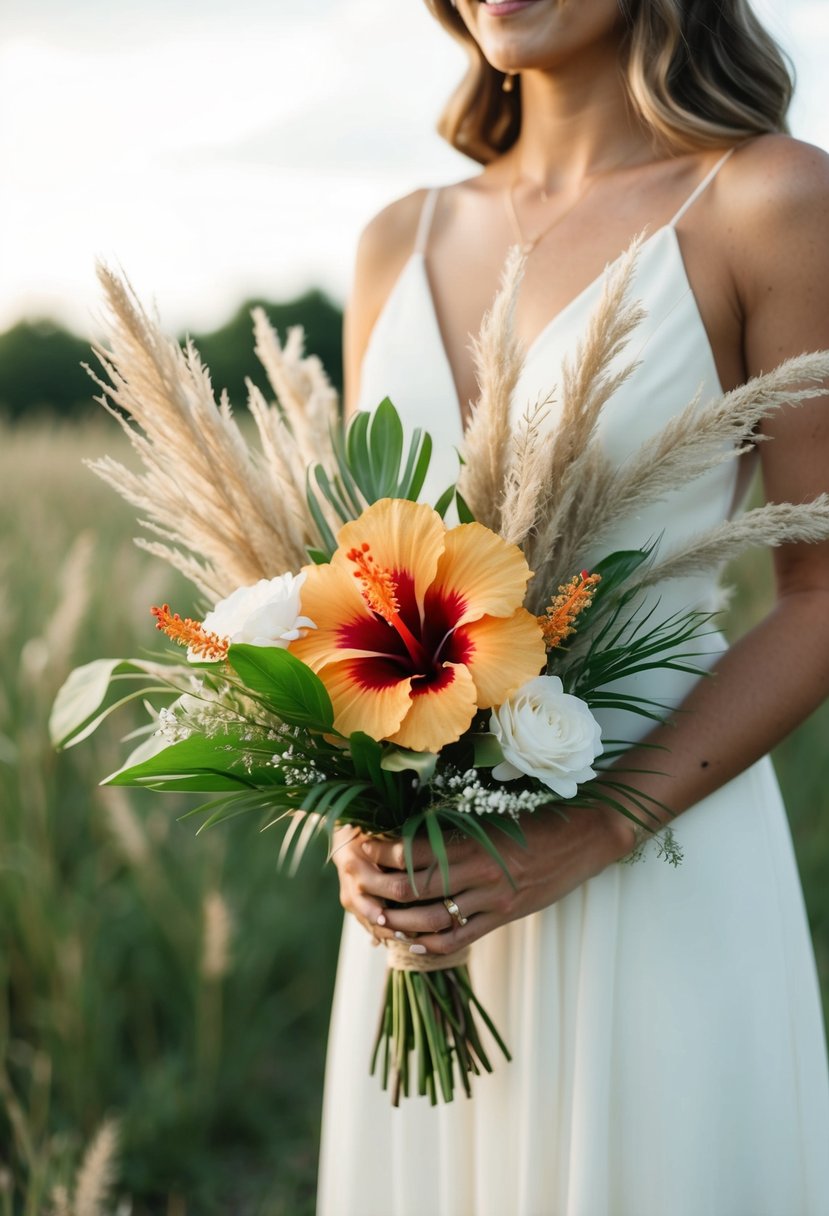 A boho hibiscus and pampas grass wedding bouquet with a rustic, natural feel