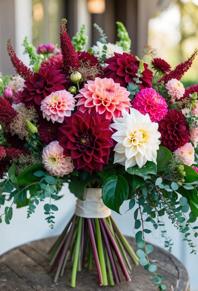 A vibrant dahlia bouquet in shades of cranberry, pink, and white, with lush greenery and delicate filler flowers, arranged in a cascading style