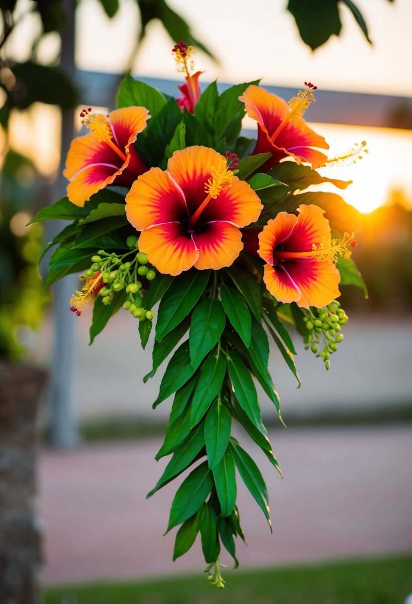 A vibrant hibiscus bouquet in sunset colors, with lush green leaves, arranged in a delicate, cascading design