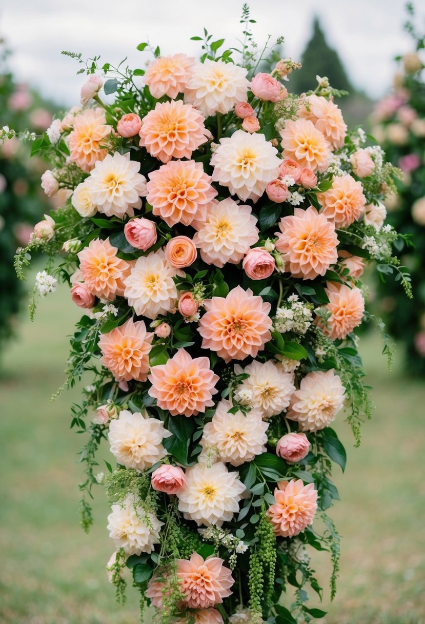 A lush, cascading bouquet of peach and coral dahlias, accented with greenery and delicate blossoms, arranged in a harmonious and elegant composition