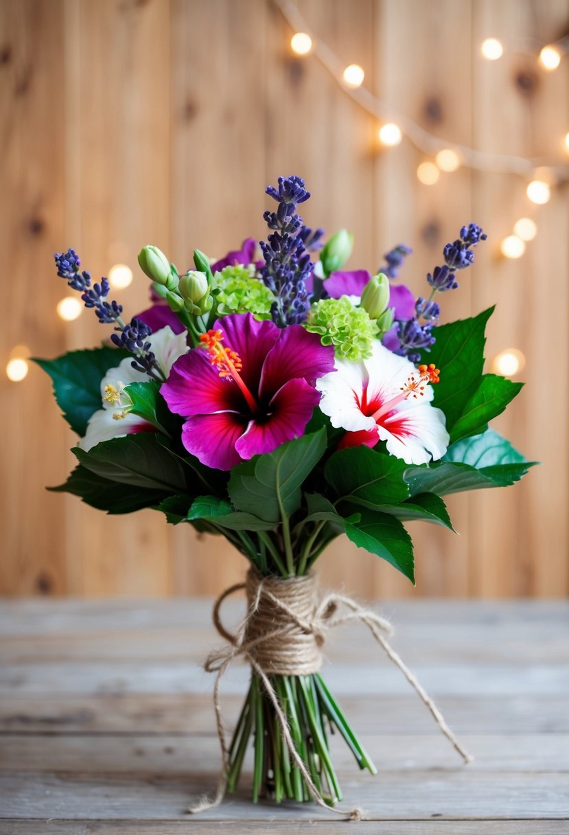 A rustic wedding bouquet with hibiscus and lavender, tied with twine, set against a wooden backdrop with soft natural lighting