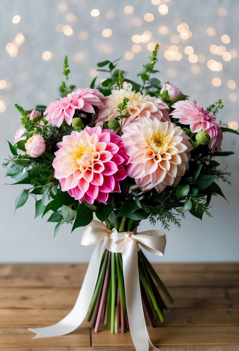 A hand-tied bouquet of dahlia flowers in two contrasting shades of pink, arranged with greenery and tied with a satin ribbon