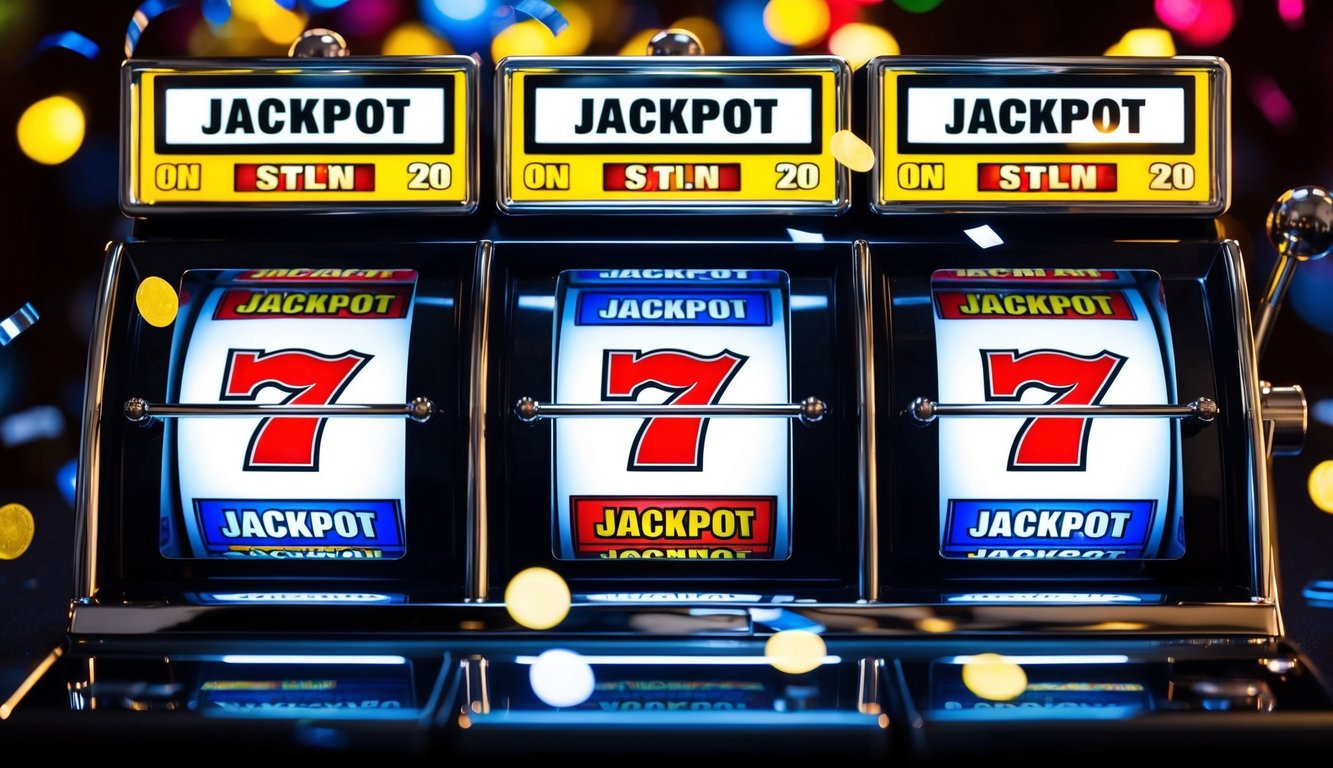 Sebuah mesin slot menampilkan tiga simbol jackpot yang cocok, dikelilingi oleh lampu berkedip dan konfeti