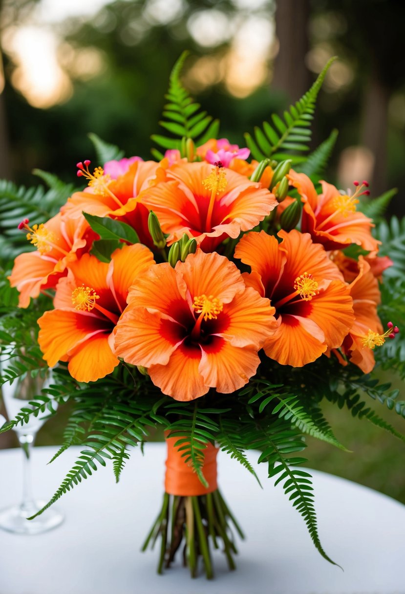 A vibrant bouquet of fresh orange hibiscus and ferns, with delicate hibiscus flowers intertwined, creating a stunning wedding bouquet