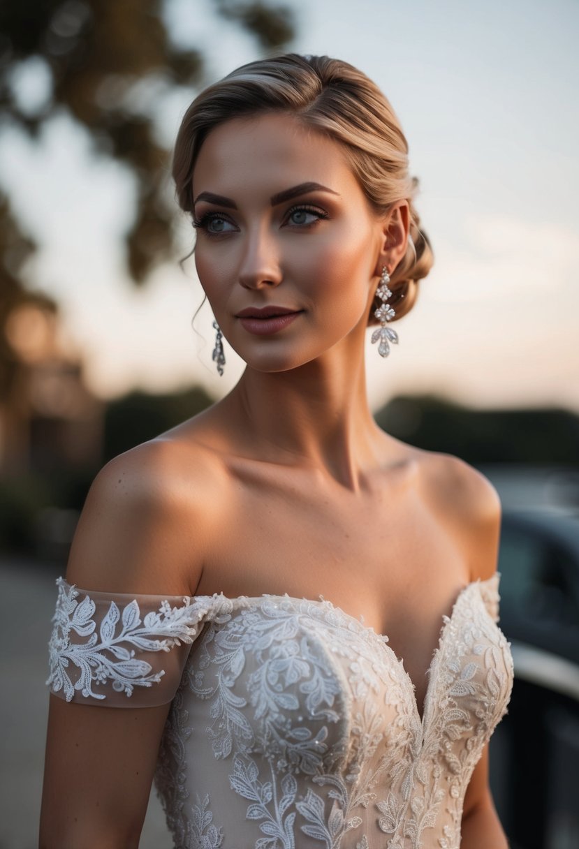 An off-the-shoulder wedding dress with elegant earrings