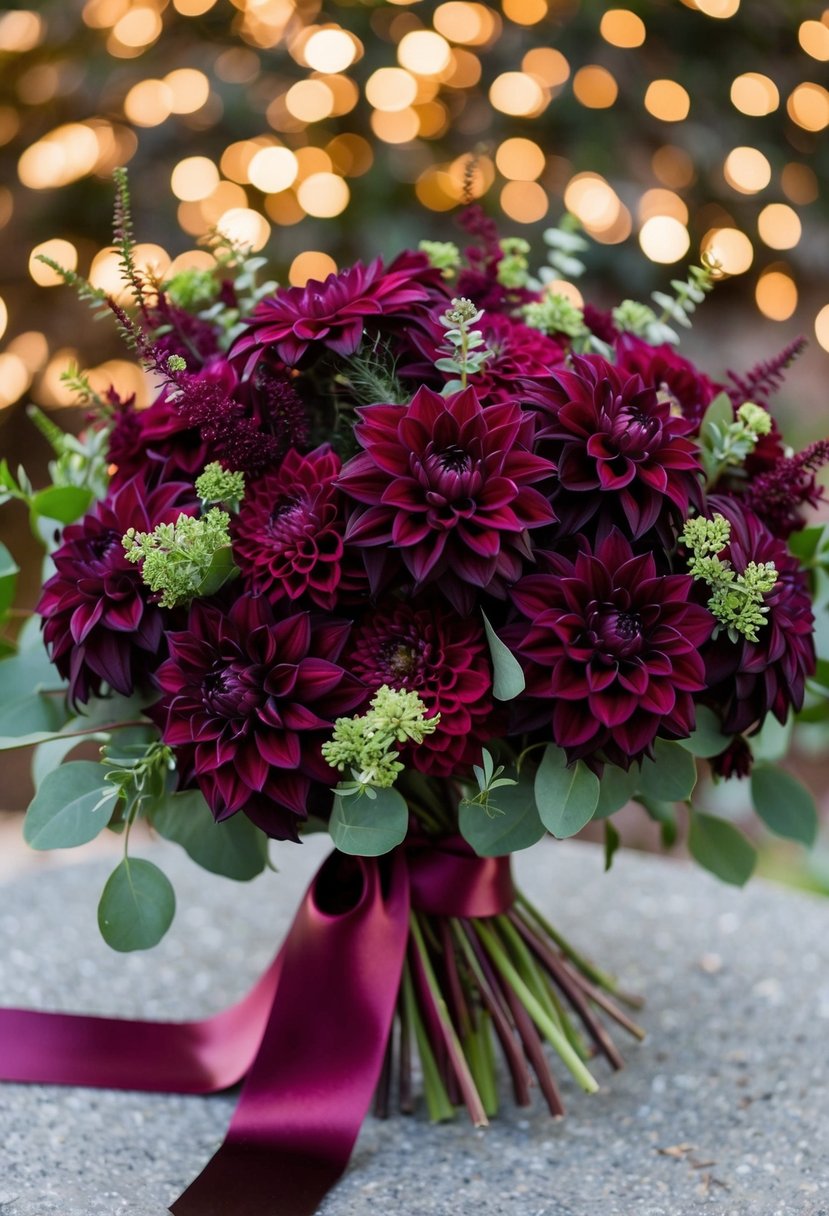 A lush bouquet of deep burgundy dahlia flowers, accented with delicate greenery and tied with a satin ribbon