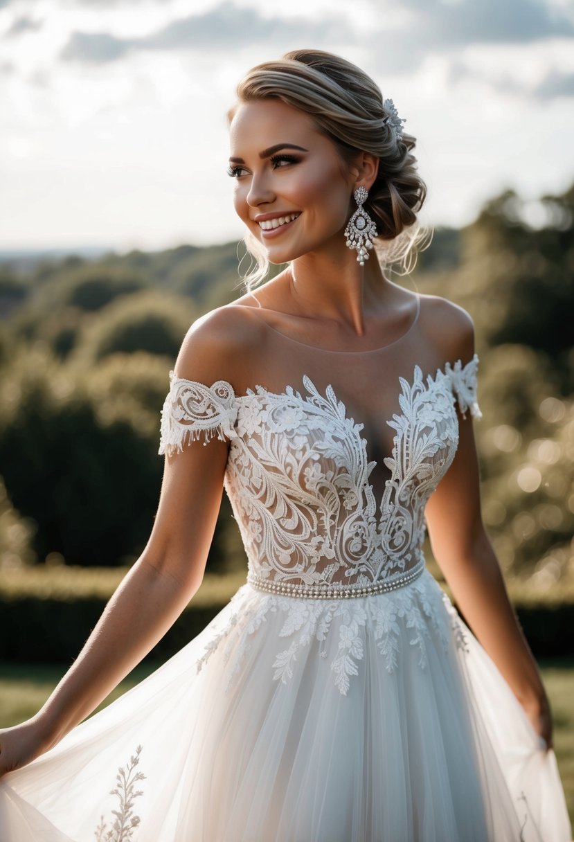 A flowing off-the-shoulder dress with delicate lace details, paired with shimmering wedding earrings, and a radiant smile