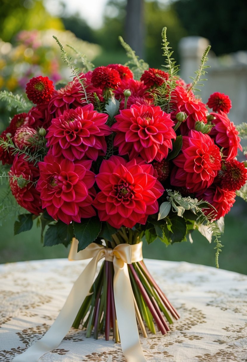 A lush bouquet of red dahlias, accented with delicate greenery and tied with satin ribbon, sits on a vintage lace tablecloth