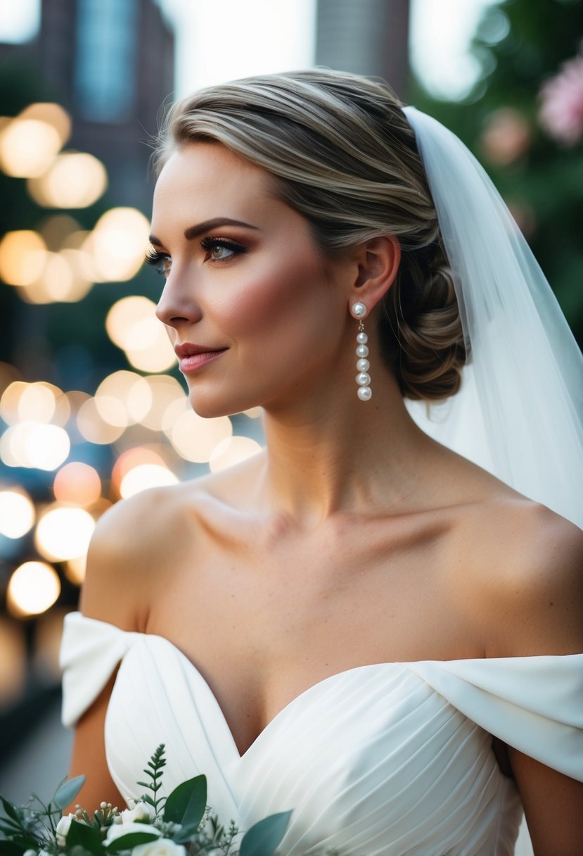 A bride wearing an off-the-shoulder dress with subtle pearl drop earrings